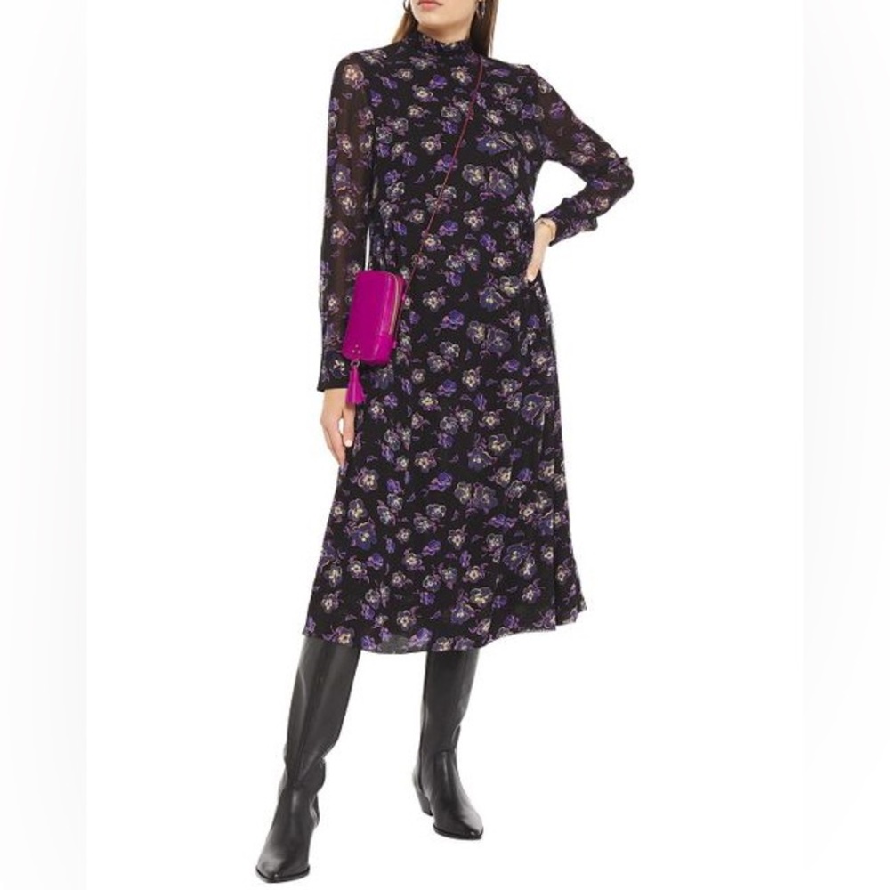 Ganni midi georgette black dress with purple flowers